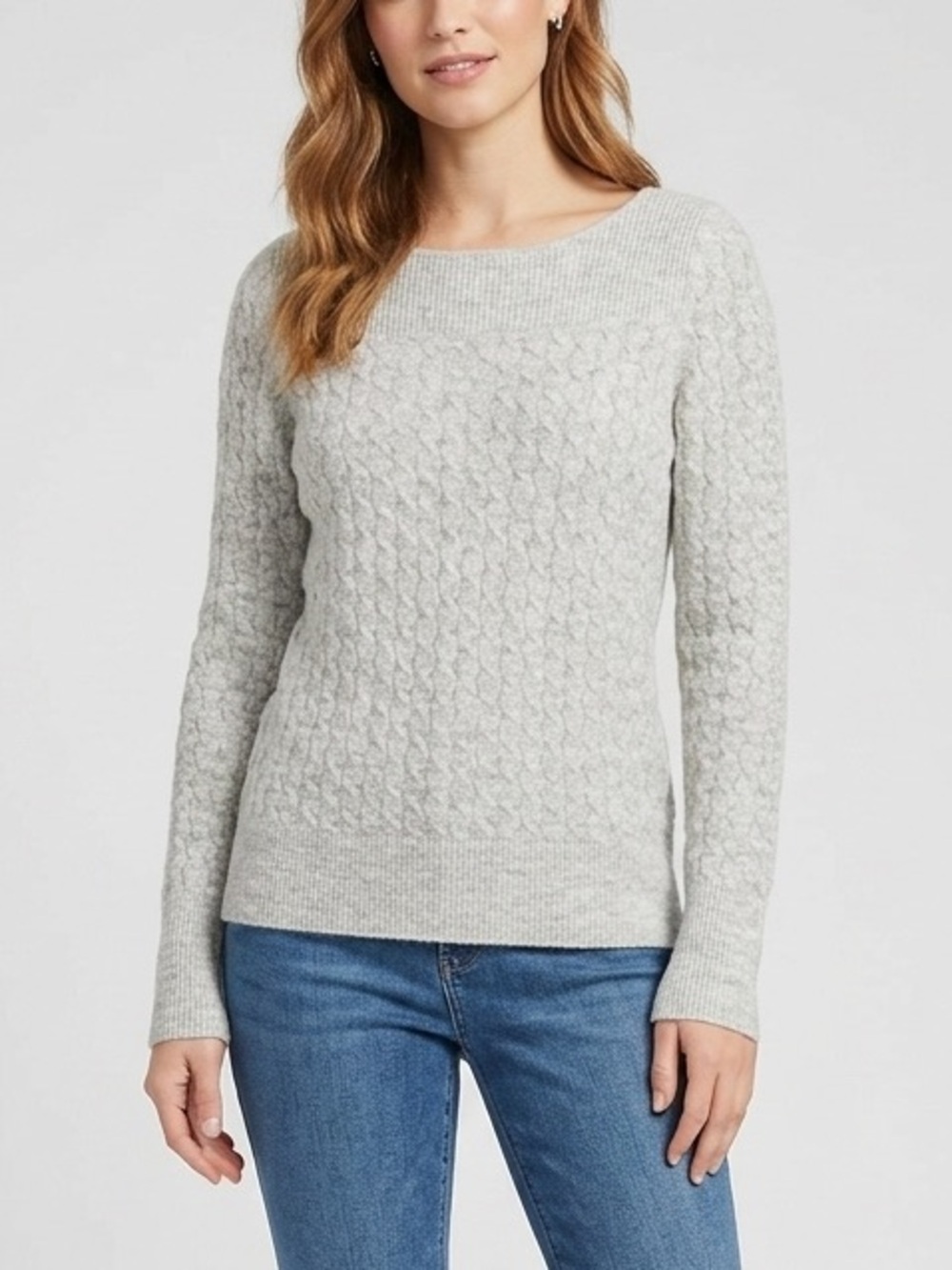 LOFT Light Heather Gray Cable Knit Crewneck Sweater Soft Cozy Academia Preppy